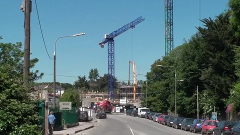 Construction Site With Blue Crane and Cement Mixer 库存影片 83875055