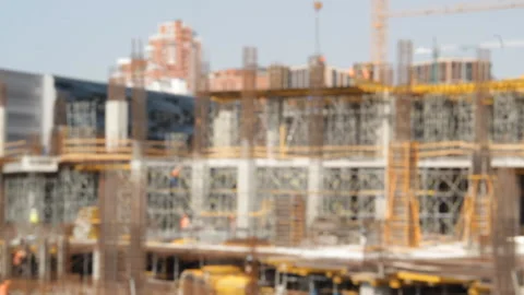 Construction site, blurred defocused background, people work, cranes Stock Footage 103281895