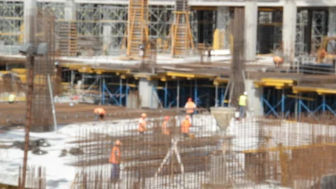 Construction site, blurred defocused background, people work, cranes, residentia Stock Footage 103281921