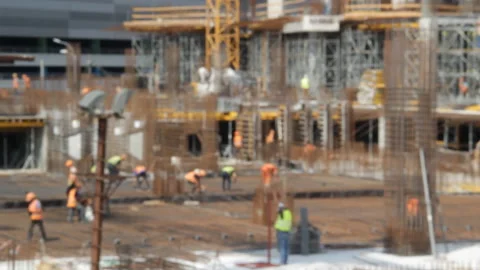 Construction site, blurred defocused background, people work, cranes Stock Footage 103281948