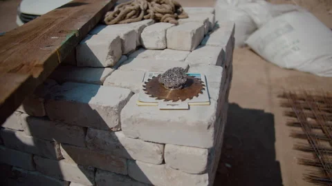 Construction site brick platform with circular saw blade Stock Footage 311184744