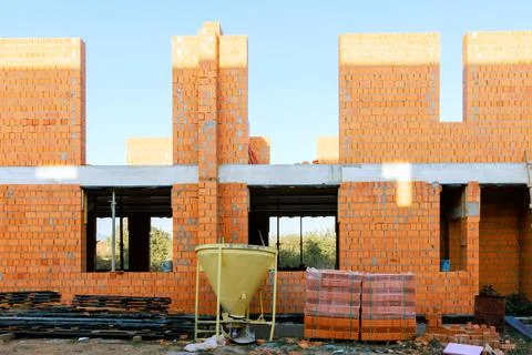 Construction site brick walls being built Stock Photos