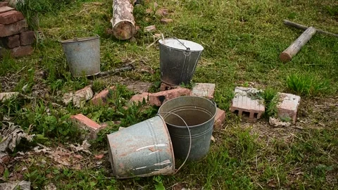 Construction site buckets,  build with their own hands concept Stock Footage 147962076