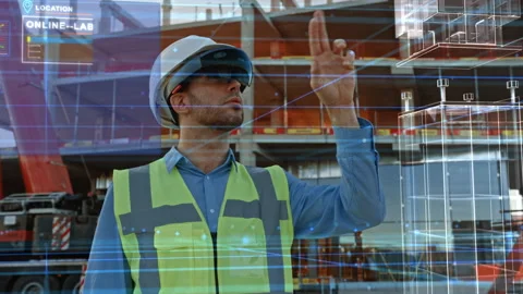 Construction Site Builder Uses Augmented Reality Headset with Graphics Stockbeeldmateriaal 139480628
