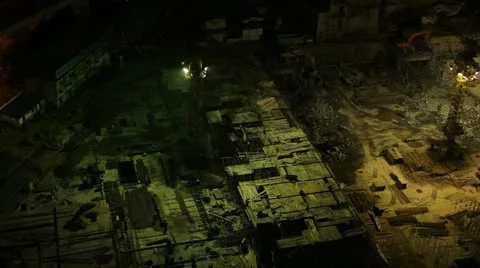 Construction Site, Building Area in Shanghai, China, Night Aerial View, Crane Stock Footage 12492017