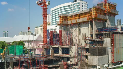 COnstruction site building men working with crane sunshine day timelapse Stock Footage 144446657