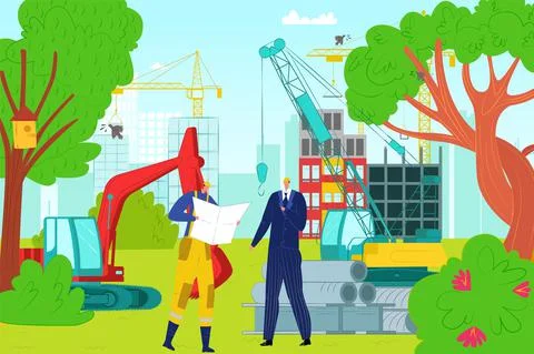 Construction site building place, professional engineer character conversation Stock Illustration