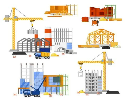 Construction site building set. Tower, truck crane Ilustración de archivo