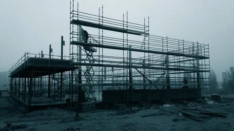 Construction site building under construction: metallic structure and scaffol Stockfoto's