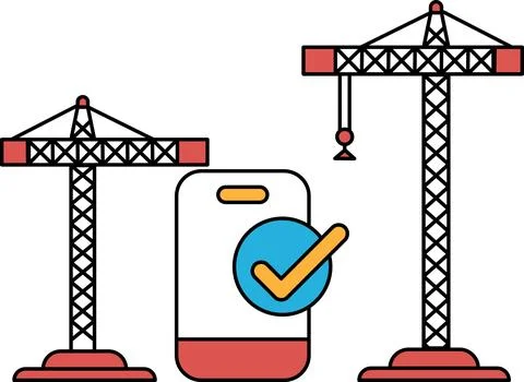 A construction site with a cell phone and a check mark on it Stock Illustration