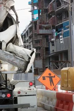 Construction site, cement truck,sign Foto stock