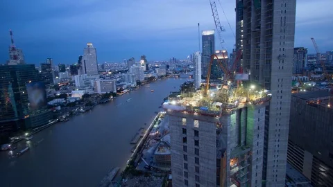 Construction site on Chao Phraya riverside Bangkok, Time lapse Video stock 77735847
