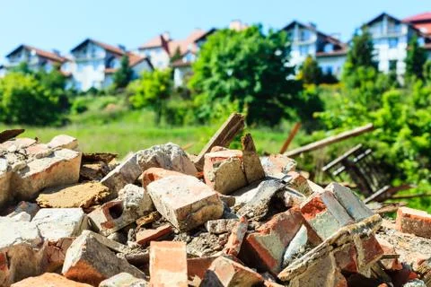 Construction site. closeup stack of old bricks. Stock Photos