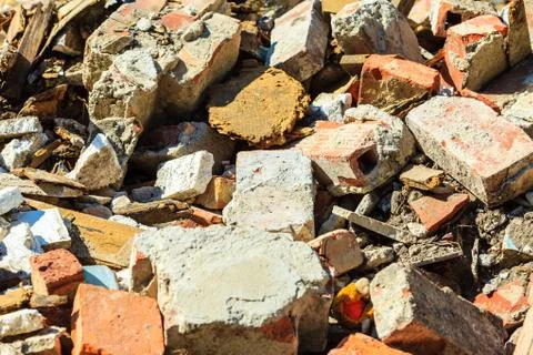 Construction site. Closeup stack of old bricks. Stock Photos