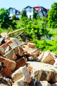 Construction site. Closeup stack of old bricks. 写真素材