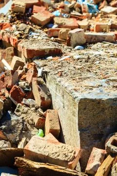 Construction site. Closeup stack of old bricks. Stock Photos