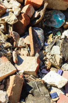 Construction site. Closeup stack of old bricks. Stock Photos