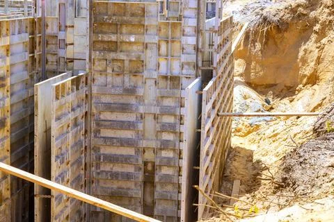 Construction site concrete forms being used for foundation work Fotos de archivo