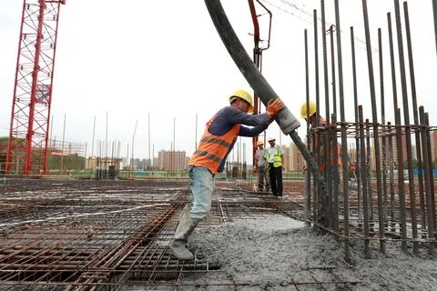 Construction site concrete pouring site, Luannan County, Hebei Province, Chin Stock Photos