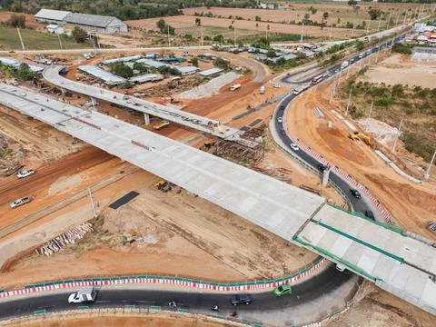 The construction site before the construction of the concrete bridge over t.. Stock Photos