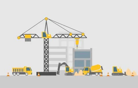 Construction site with construction machines, flat design Stock Illustration