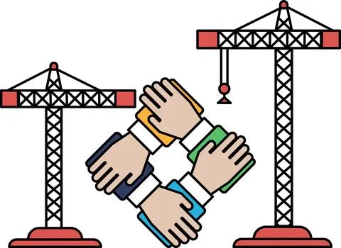 A construction site with a crane and a group of people holding hands Stock Illustration