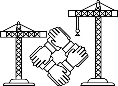 A construction site with a crane and a group of people holding hands Stock Illustration