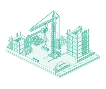 Construction site with crane and skyscraper. Process of building a multi-st.. Ilustración de archivo