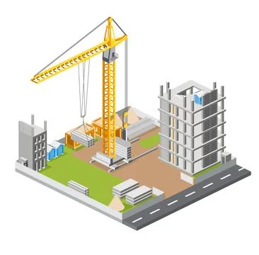 Construction site with crane and skyscraper. Process of building multi-stor.. Ilustración de archivo
