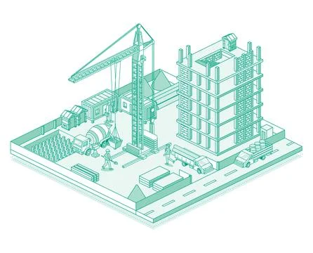Construction site with crane and skyscraper. Process of building a multi-st.. Ilustración de archivo