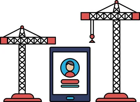 A construction site with a crane and a tablet with a person's face on it Illustrazione stock
