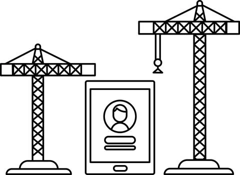 A construction site with a crane and a tablet with a person's face on it Stock Illustration