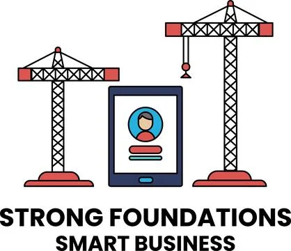 A construction site with a crane and a tablet with a person on it Stock Illustration