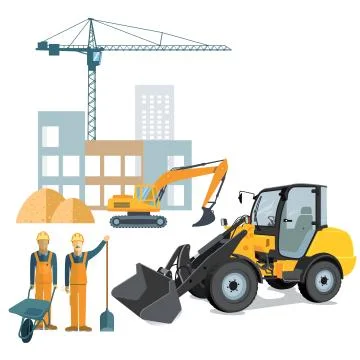 Construction site with crane and wheel loader Illustrazione stock