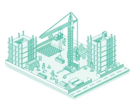 Construction site with crane, builders and skyscraper. Process of building .. Ilustración de archivo