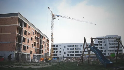 Construction site with crane during coronavirus period Stock Footage