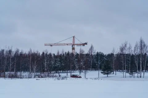 Construction site crane visible behind the trees with traffic in the foregrou Foto stock