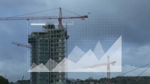 Construction site with cranes and building, financial growth chart animation Vídeos de archivo 304310836