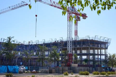 Construction site with cranes and building framework in Madrid, Spain Stock-Fotos