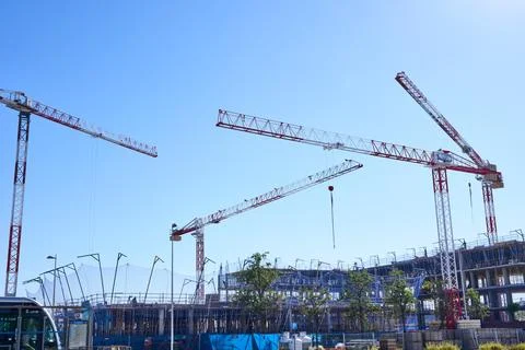 Construction site with cranes and building framework in Madrid, Spain Stock-Fotos