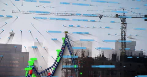Construction site with cranes and buildings over data visualization animation Stock Footage 303615952