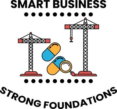 A construction site with cranes and a pill bottle with a magnifying glass Stock Illustration