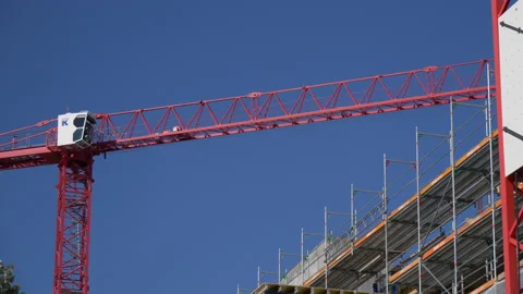 Construction Site with Cranes and Scaffolding Roche Towers Basel - Close Shot Stock Footage 139397050