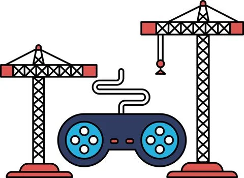 A construction site with cranes and a video game controller Stock Illustration