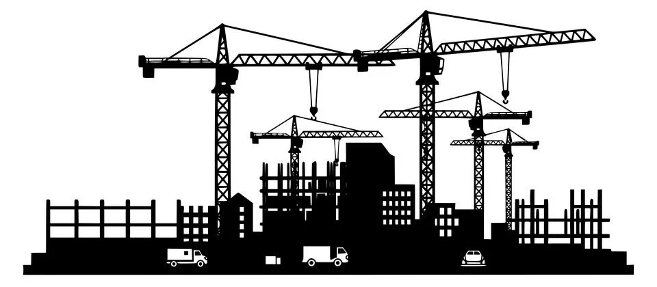 Construction Site Cranes City Development Black Silhouette Vector Stock Illustration