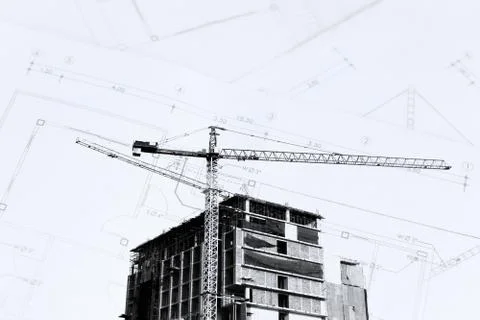 Construction site with cranes on silhouette background Stock Illustration