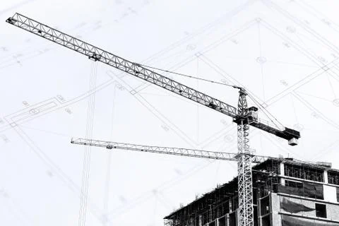 Construction site with cranes on silhouette background Stock Illustration