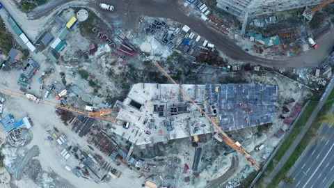 Construction site with cranes at sunset. Construction of an apartment building. Stock Footage 205196327