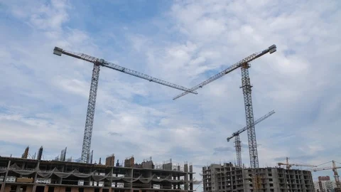 Construction site, cranes work on residential building wide angle time lapse Stock Footage 114462441