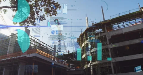 Construction site with data analytics animation overlaying buildings and cranes Stock Footage 306267752